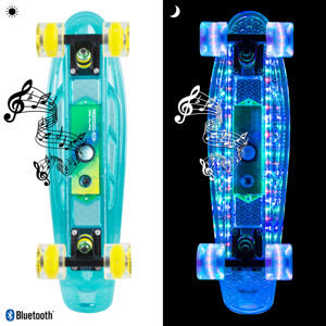 Svietiaci pennyboard WORKER Ravery 22" s bluetooth reproduktorom transparentná modrá/zelená